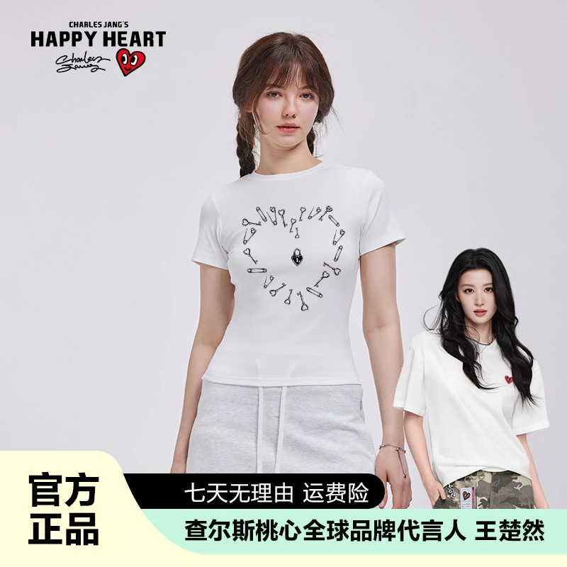 查尔斯桃心【王楚然代言】T恤印花短袖小香风夏季心形短款女士舒适
