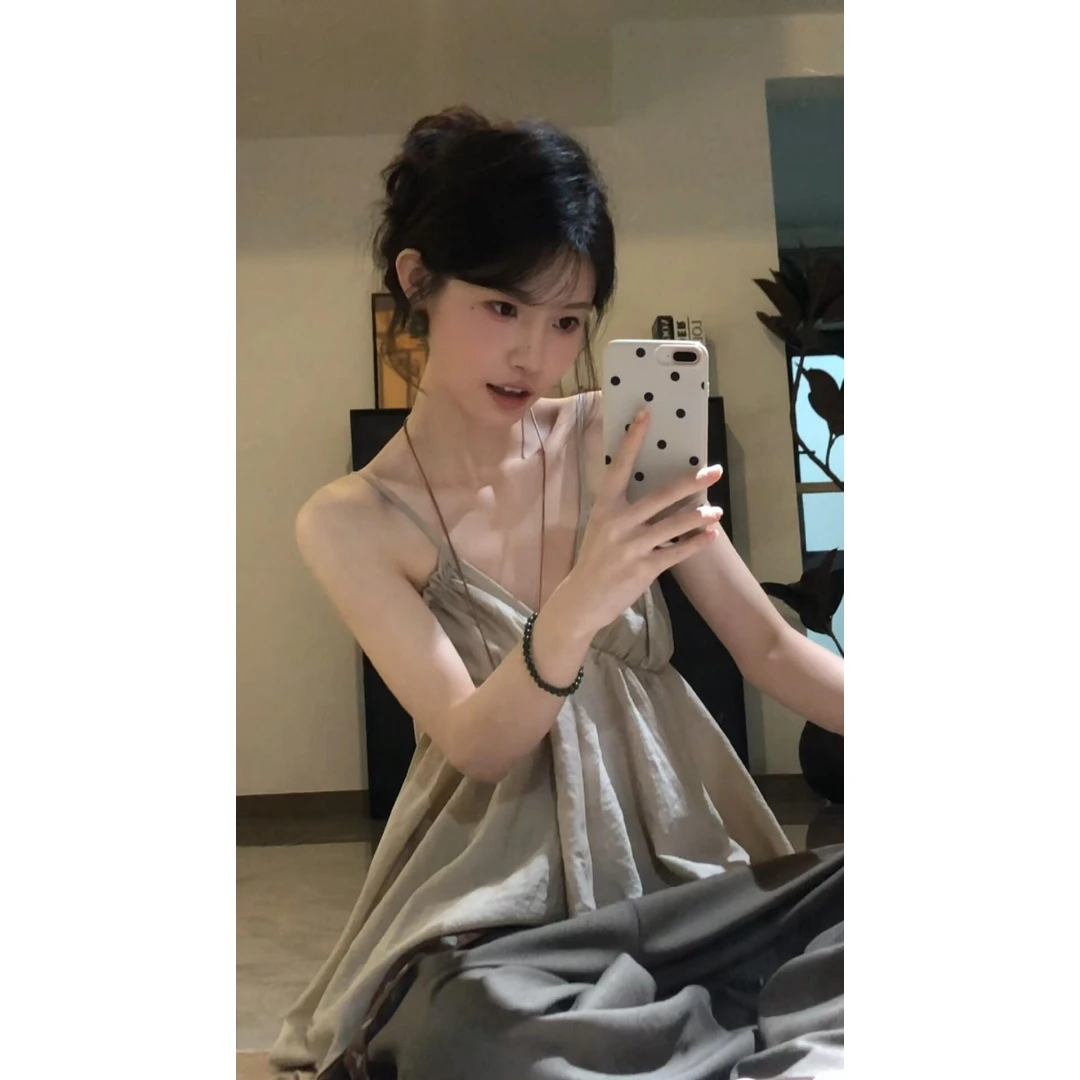 高级感老钱风时尚吊带背心不规则上衣直筒休闲裤两件套