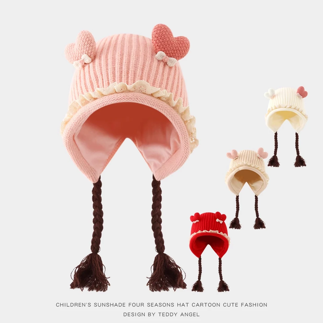 儿童帽子秋冬季女童可爱针织毛线帽宝宝保暖护耳帽韩版假辫子百搭