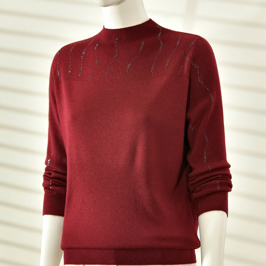 2025秋冬半高领羊毛衫女红色烫钻长袖洋气保暖针织毛衣内搭打底衫