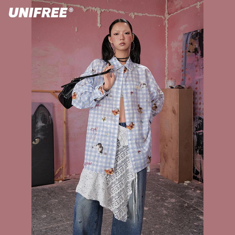 UNIFREE蓝色印花格子衬衫女翻领独特蕾丝花边宽松松弛感肌理衬衣