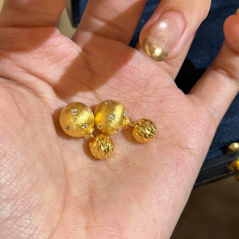 铜合金耳饰 金色拉丝小金球耳钉女中古精致高级感八芒星两戴耳饰