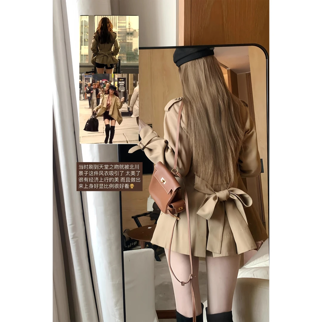白水女 北川景子美神蝴蝶结风衣外套 秋季韩系女短款卡其色外套