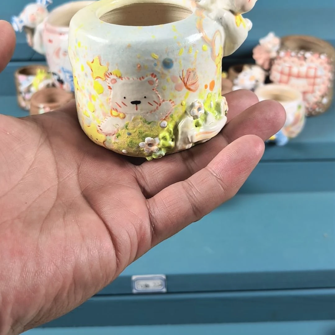 花园小熊 手绘多肉花盆