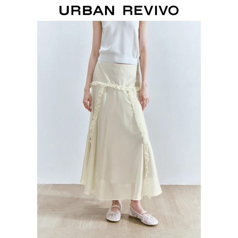 UR2025夏季新款女装气质木耳边黑色设计感A字半裙UYY550028