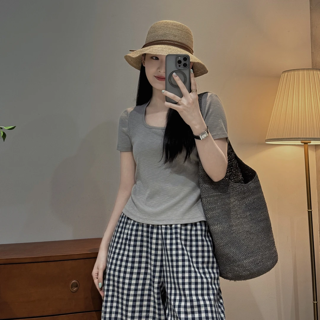 【元宝领】显瘦纯色宽松百搭休闲时尚优可丝短袖T恤-M25201415