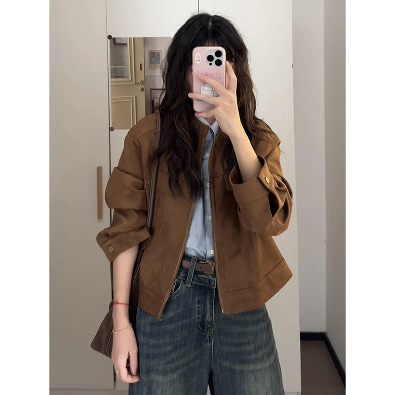 美拉德复古棕色夹克外套女早秋季新款韩系百搭宽松小个子短款上衣