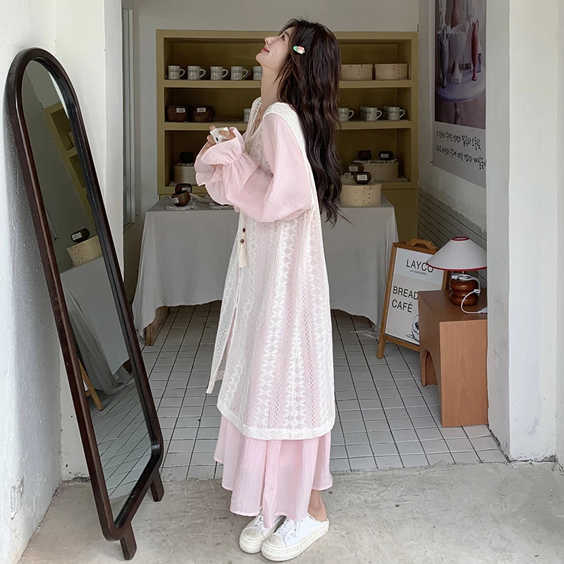 甜美少女风蕾丝罩衫粉色连衣裙两件套春夏新款今年流行长裙套装女