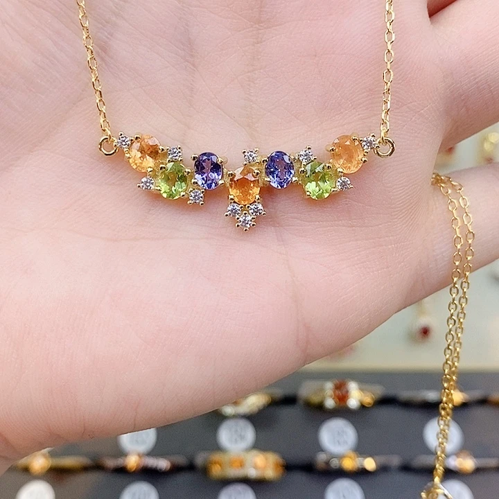 石榴石（芬达石）颈饰银S925镶嵌橄榄坦桑