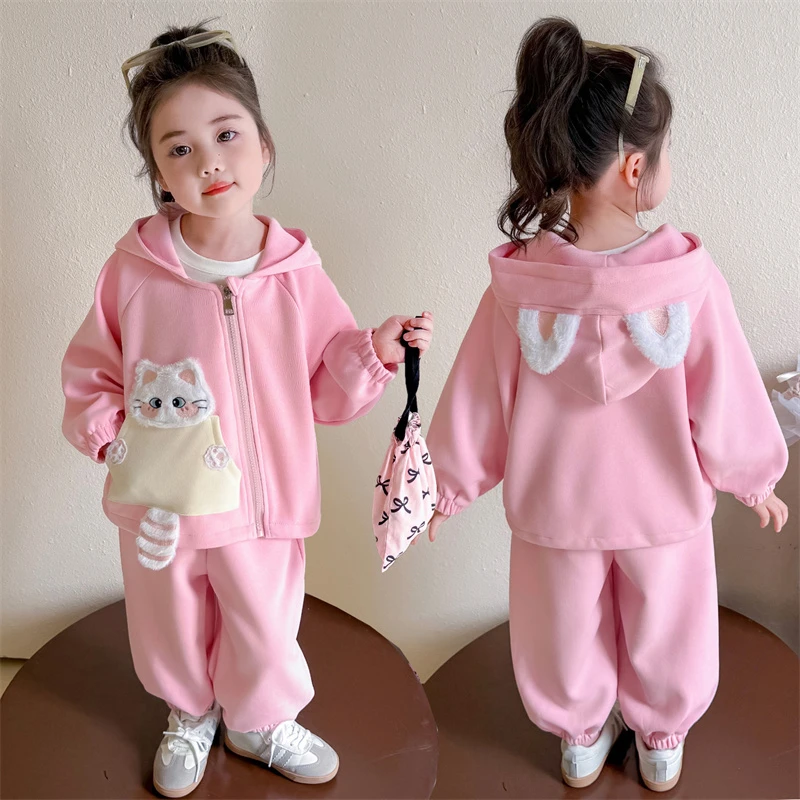 女童运动套装洋气时髦春秋装儿童卡通卫衣连帽小女孩韩版两件套
