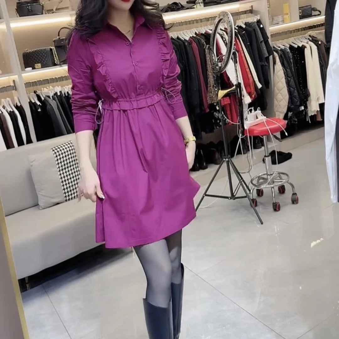 秋冬新款韩版气质显瘦木耳边半开领中长款衬衫连衣裙