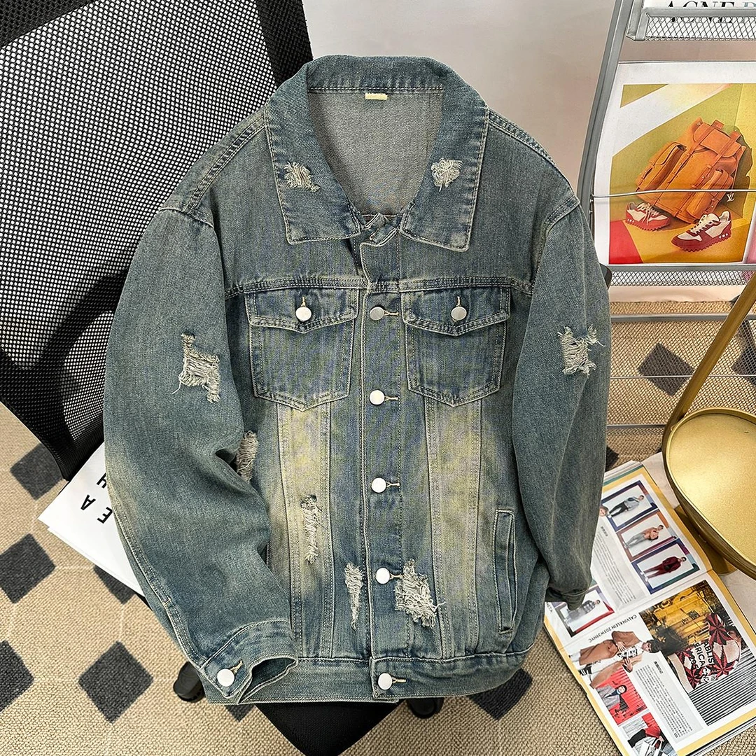 高级感破洞牛仔外套男2025春季新款潮牌工装上衣美式复古宽松夹克