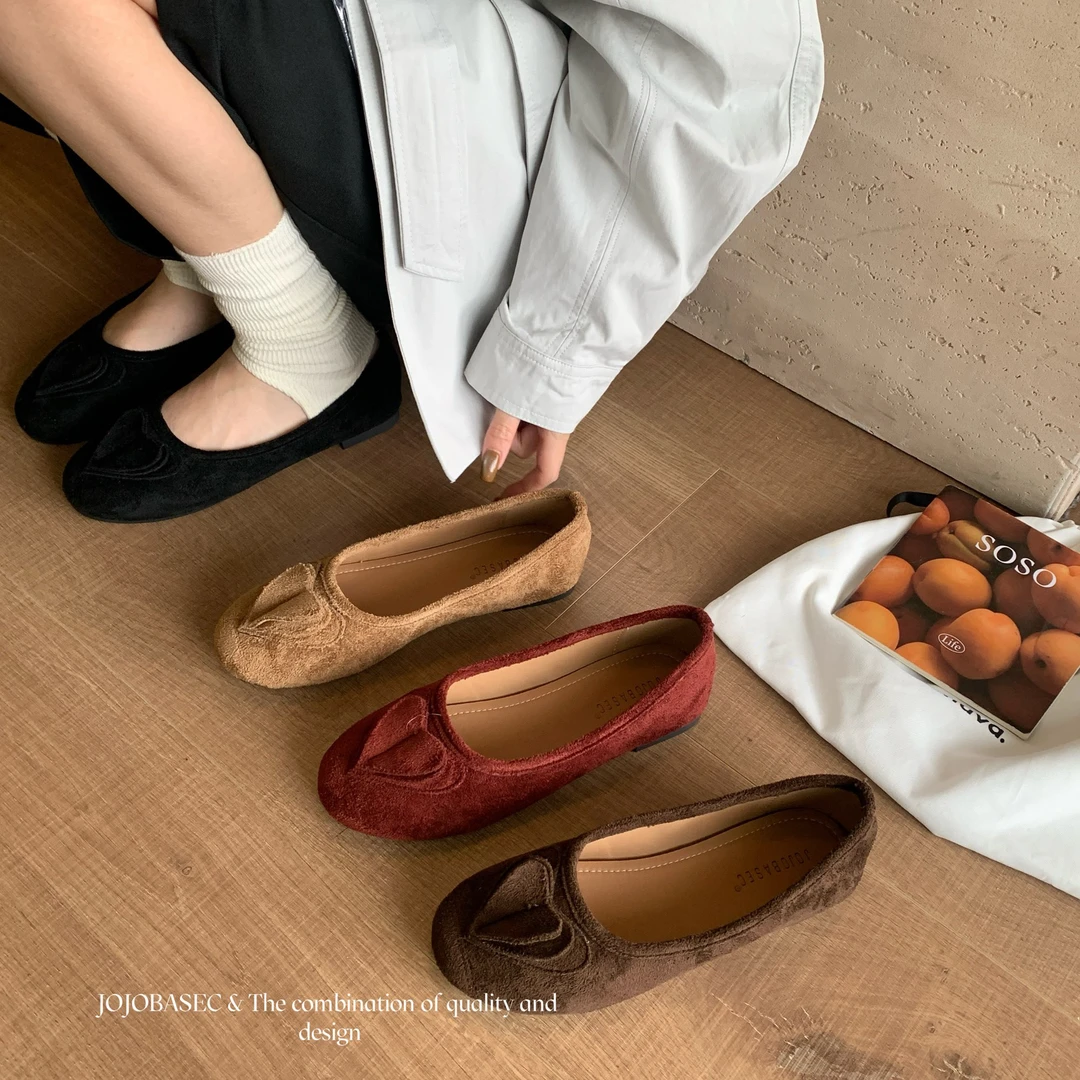 发射爱心biu！秋季新款绒面爱心复古风单鞋芭蕾舞单鞋女豆豆鞋V3-7