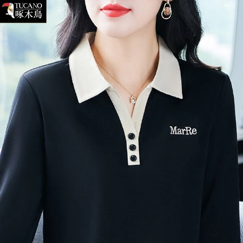 啄木鸟翻领拼色商务风T恤2025年新款刺绣秋季长袖中年减龄上衣女