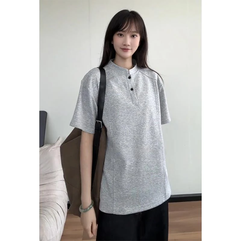 灰色亨利领短袖男款polo衫夏季设计感解构正肩t恤cleanfit半截袖