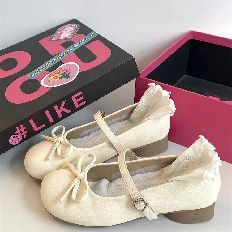 温柔甜美风低跟玛丽珍鞋法式蝴蝶结一字扣带芭蕾舞单鞋女2024新款