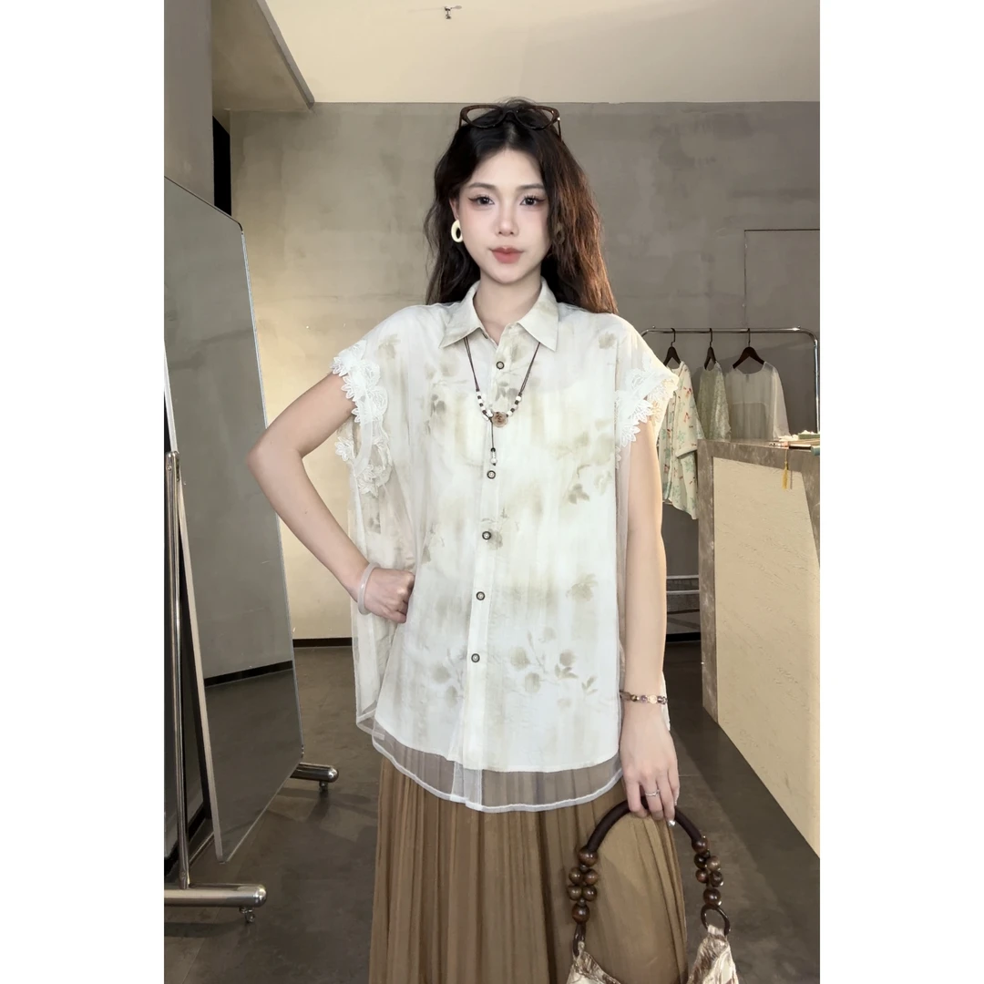 旻旻家夏季新款复古文艺假两件拼接轻纱上衣女（20723）