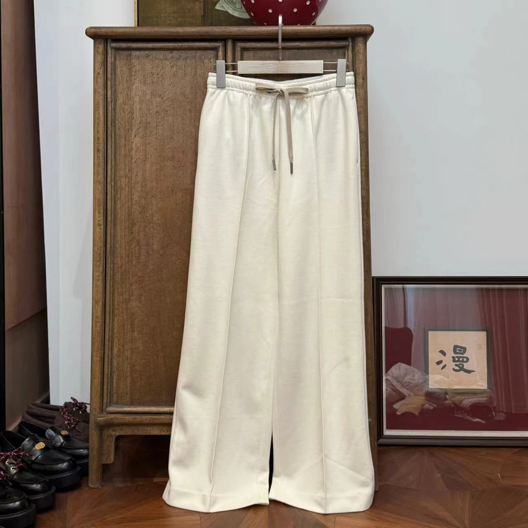MYL 2024秋季新品绵羊毛混纺白色系带休闲裤中腰直筒加厚长裤