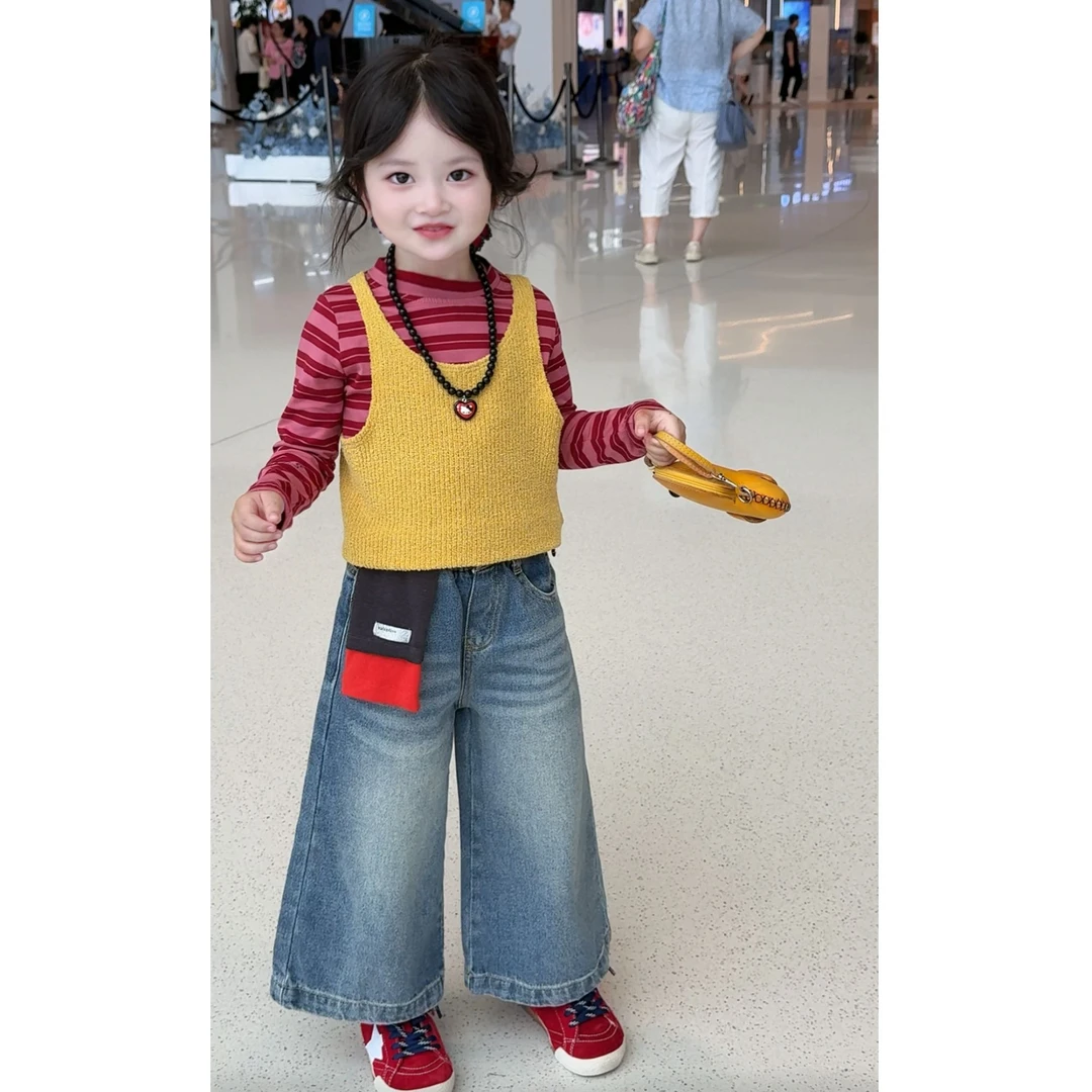 女童秋装套装2025新款网红儿童洋气马甲上衣女宝休闲牛仔裤三件套