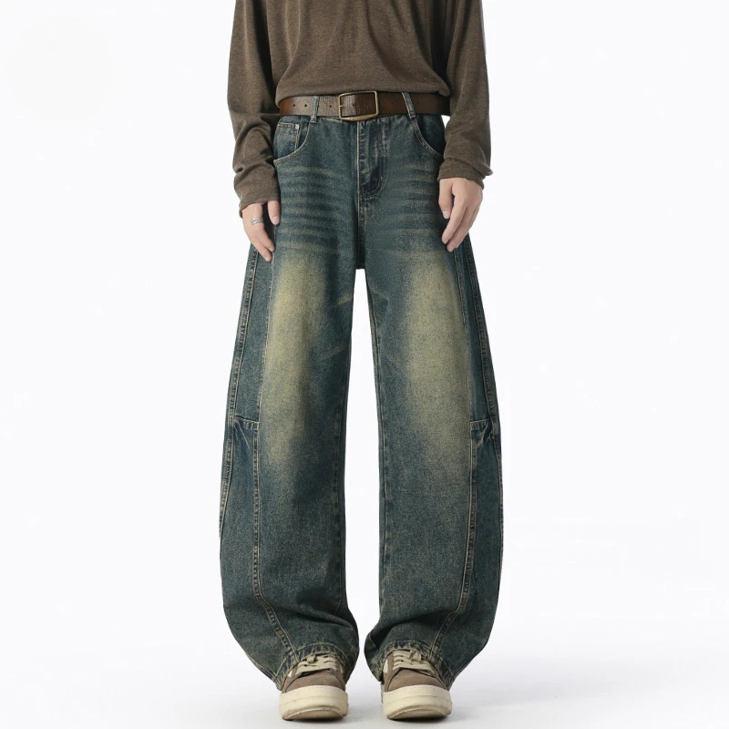 弯刀牛仔裤男款春秋季新款宽松直筒美式高街vibe拼接阔腿休闲裤子