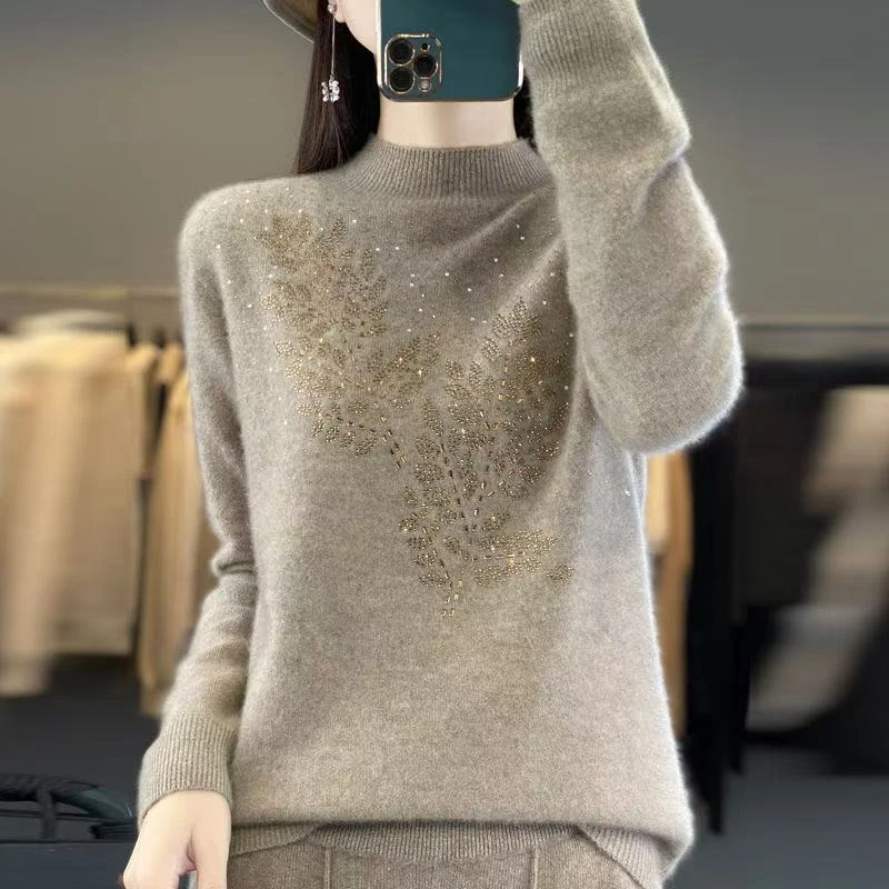 半高领针织女士树叶印花烫钻时尚加厚秋冬衫