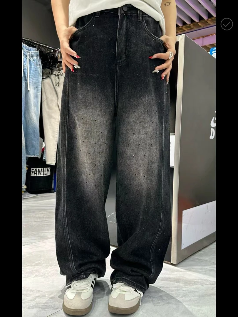 春季烫钻牛仔直筒裤女款满钻黑色长裤时尚百搭牛仔裤