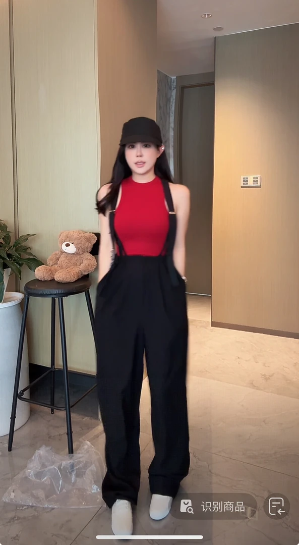 Dami绑带高腰背带裤女夏欧黑色直筒拖地吊带裤阔腿长裤薄款西装裤