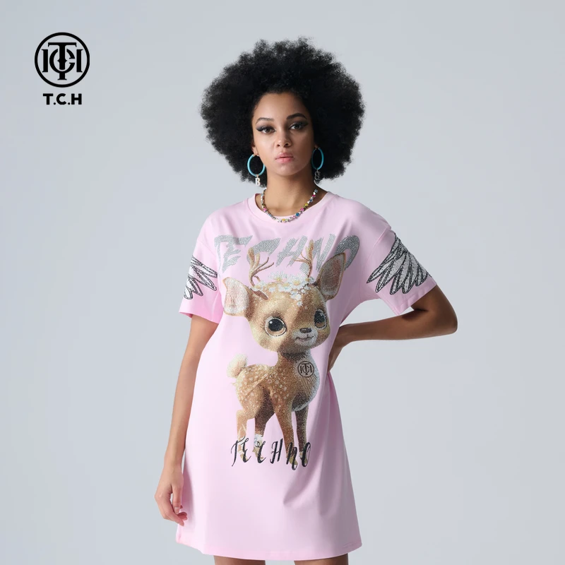 TCH服饰店-2025夏季新款粉色烫钻小鹿百搭T恤裙T72B306027