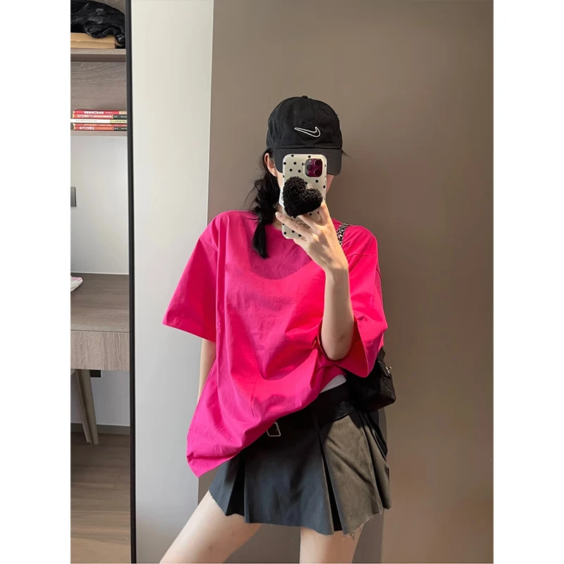 树莓粉嫩色T恤女亮色系甜酷风上衣宽松玫粉火龙果色时尚百搭半袖