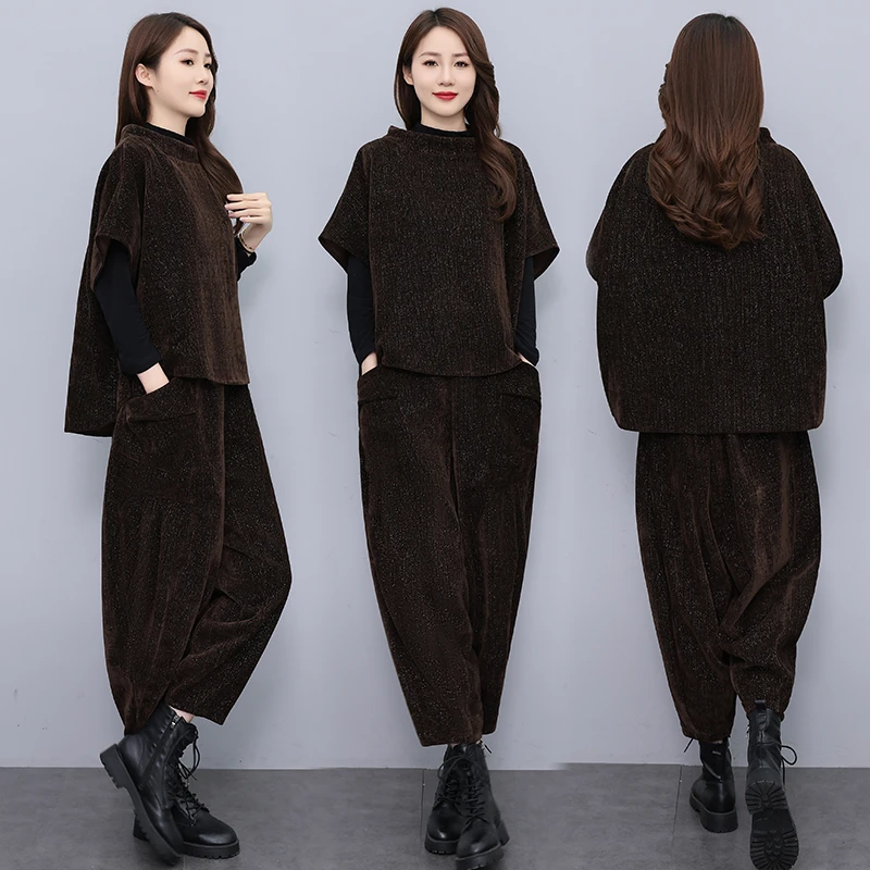 大码时尚洋气休闲套装女秋冬季胖MM减龄显廋半袖上衣哈伦裤两件套