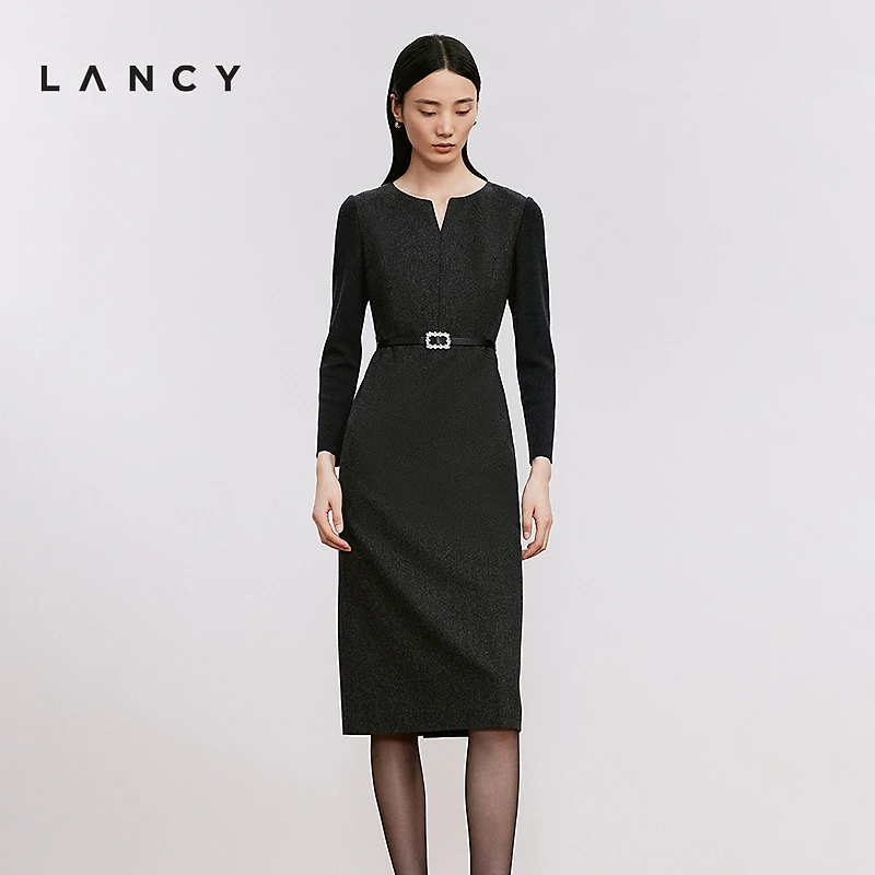 LANCY/朗姿2024冬新款V领收腰优雅连衣裙高级感深灰裙子女