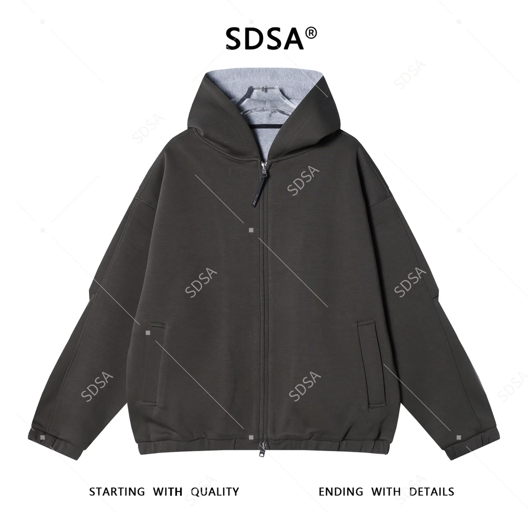 SDSA秋冬新款痞帅男装韩版简约纯色褶皱拉链连帽卫衣百搭宽松外套
