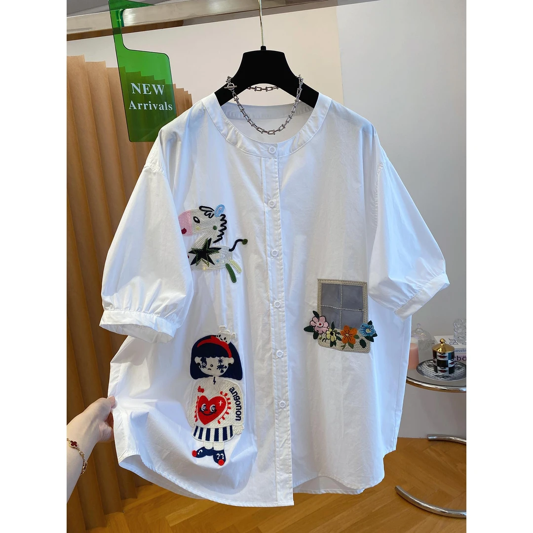 大码300斤男女大版白色衬衫短袖宽松刺绣中长款慵懒风遮屁股上衣