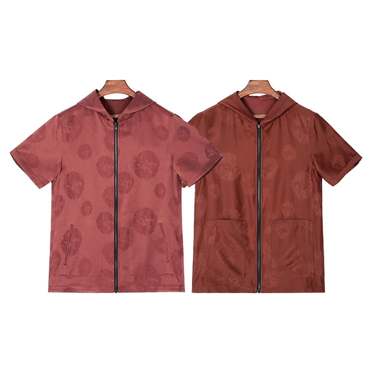 99217 男士连帽短袖开衫 桑蚕丝提花缎红云纱新中式复古休闲上衣