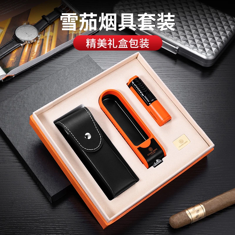 茄龙便携金属直冲防风打火机钻孔器烟缸皮套烟具套装CL-TZ276