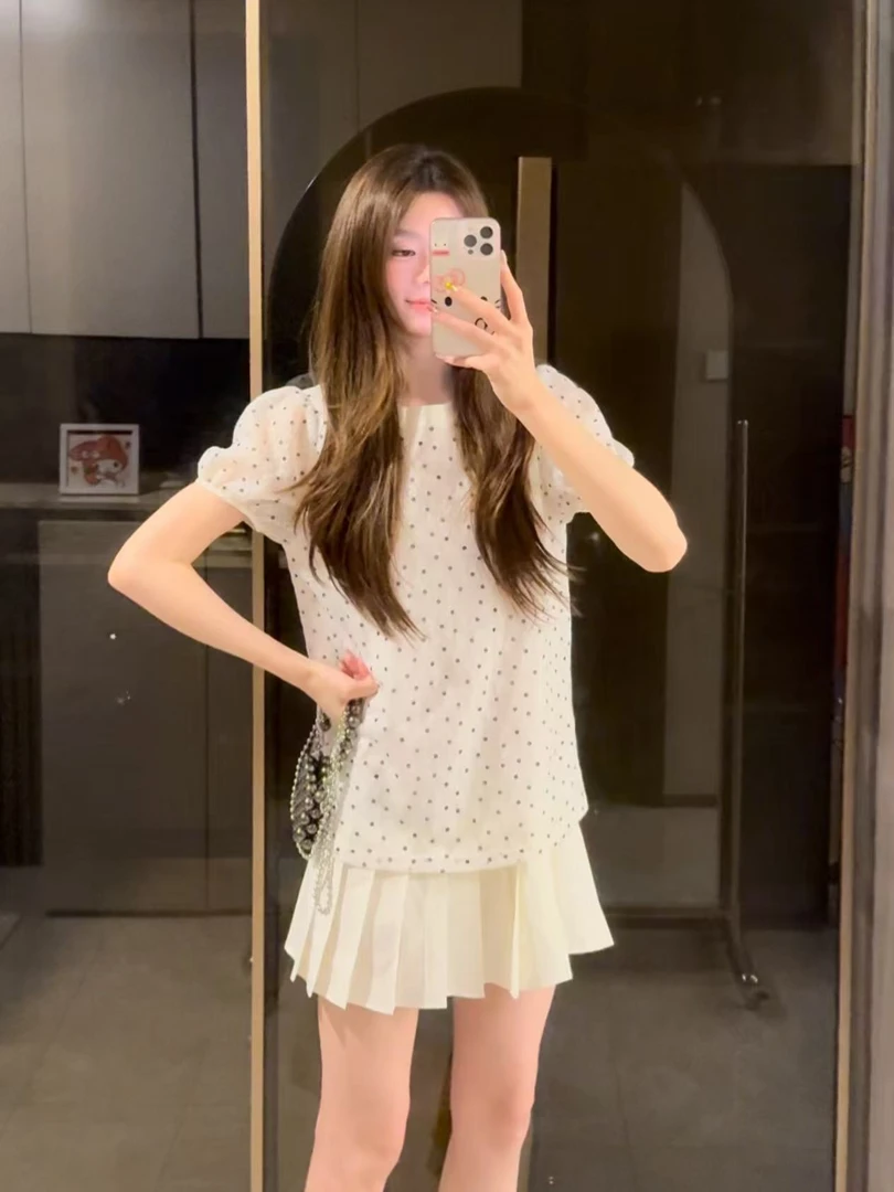 【仙蒂日记】夏款韩系短袖波点百褶裙减龄显瘦少女千金风宽松显瘦裙