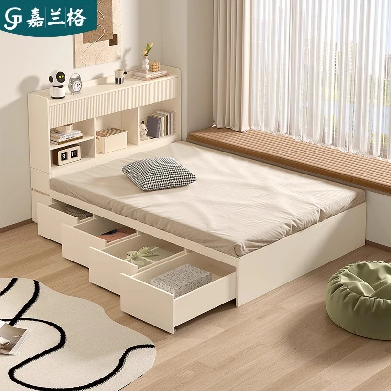 奶油风床头储物柜榻榻米床落地组合地台床1.8米高箱储物床柜9TT12