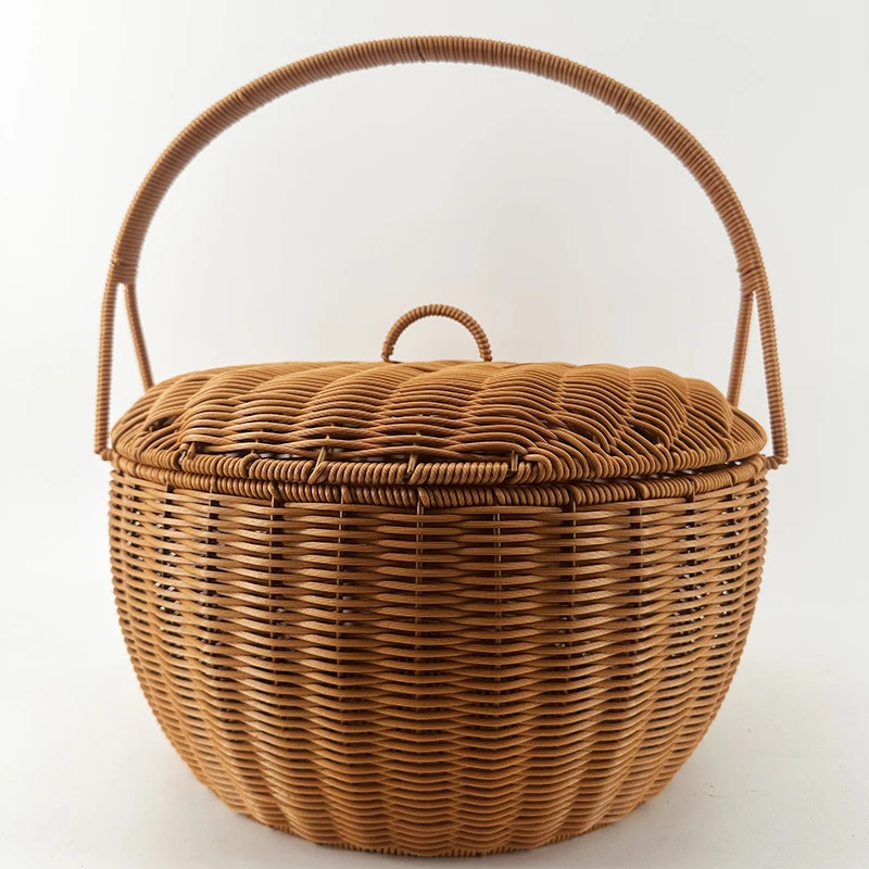 G99(孤品)棕色单提手圆形郊游野餐篮特大号纯手工编织40*25