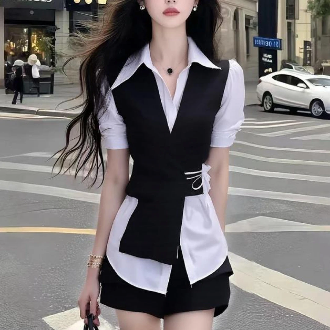 夏季温柔知性风设计感衬衫领修身收腰短袖两件套女显瘦气质女装