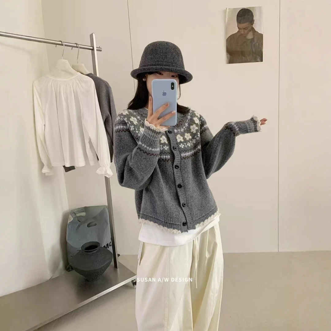 2025秋季新款韩系费尔岛提花针织衫开衫宽松毛衣女短款上衣韩版