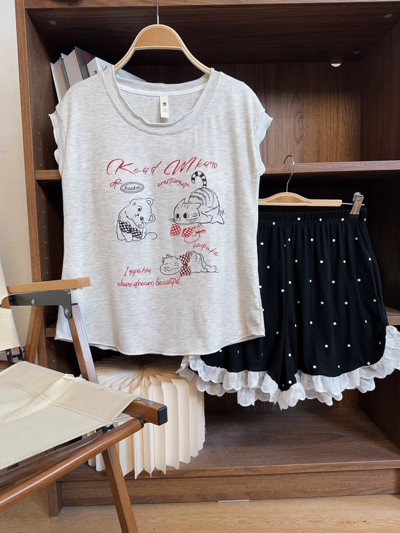 蝴蝶结小猫睡衣女夏季莫代尔短袖短裤家居服带胸垫可外穿套装