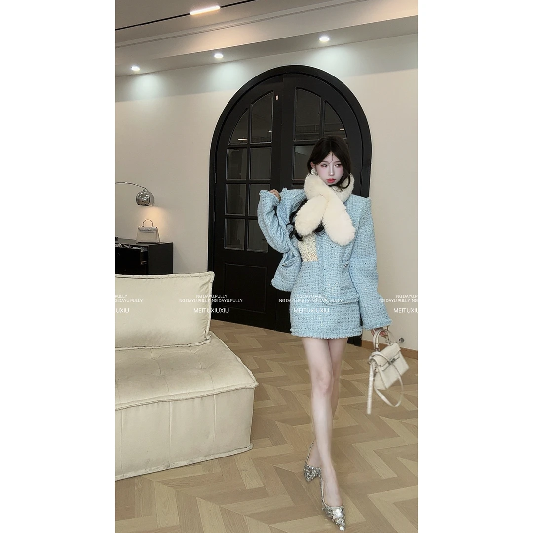 NG DAYU【汉南洞欧尼】自制小香风亮片夹棉外套+高腰短裙