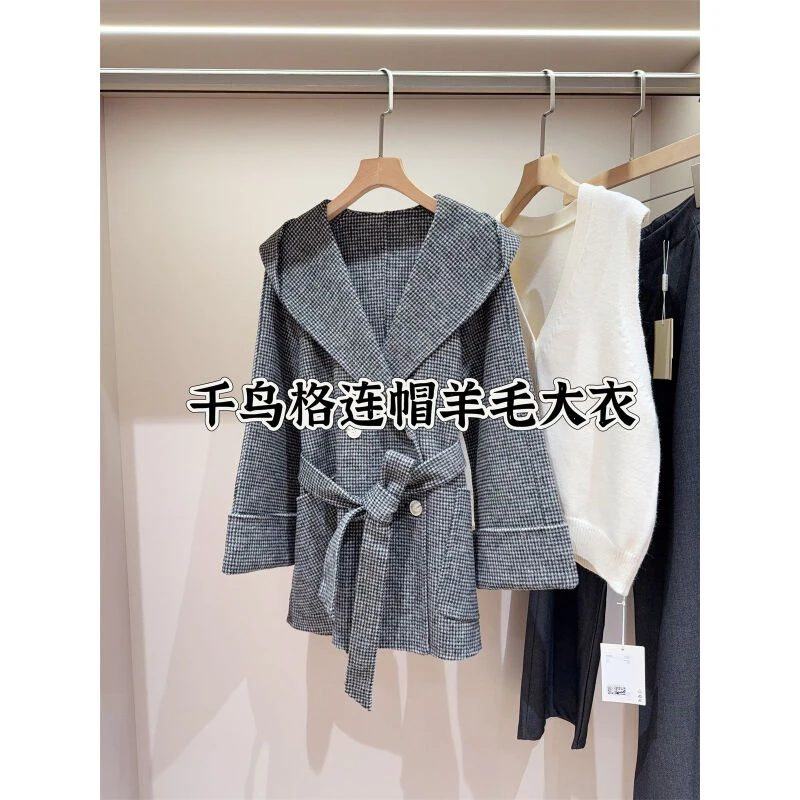 经典双排扣连帽宽松腰带设计格纹毛呢大衣外套