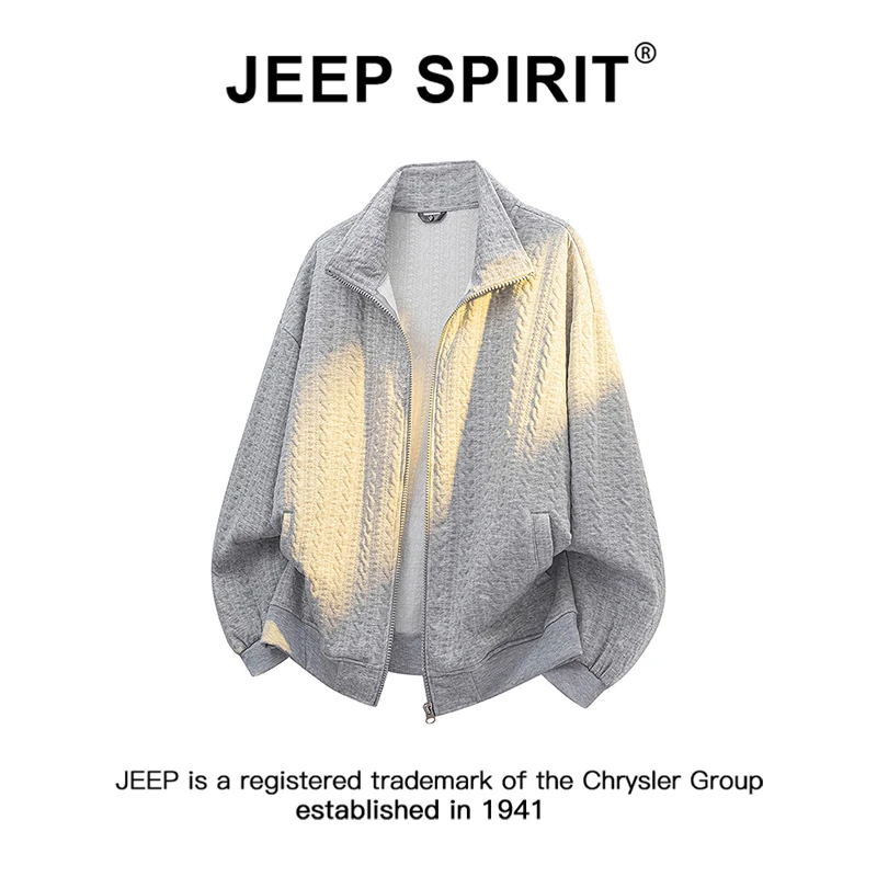 JEEPSPIRIT吉普立领提花秋季开衫男士潮流休闲宽松肌理感卫衣外套