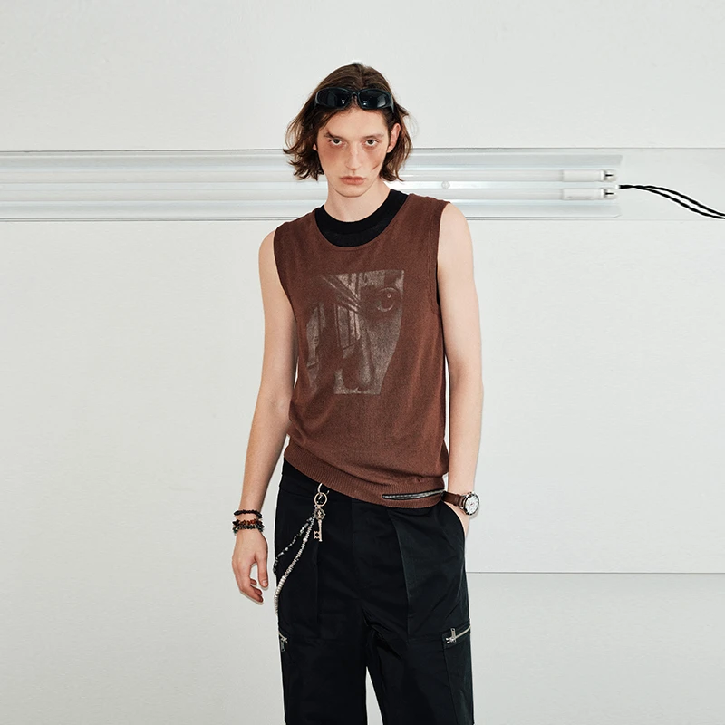 KREATE 24SS 交织情绪印花仿亚麻无袖t恤男夏季薄款坎肩拉链背心