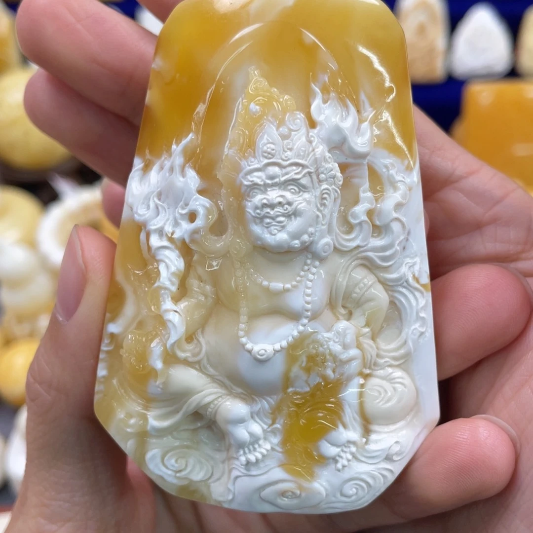 蜜蜡裸石未镶嵌琥珀蜜蜡黄财神吊坠