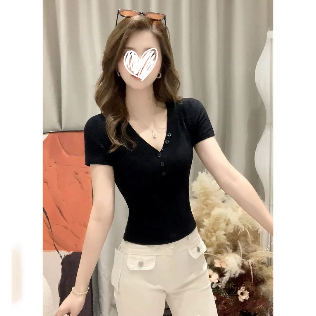 JaneDeiune夏季纯色辣妹v领T恤女收腰修身内搭纯欲显身材短袖上衣