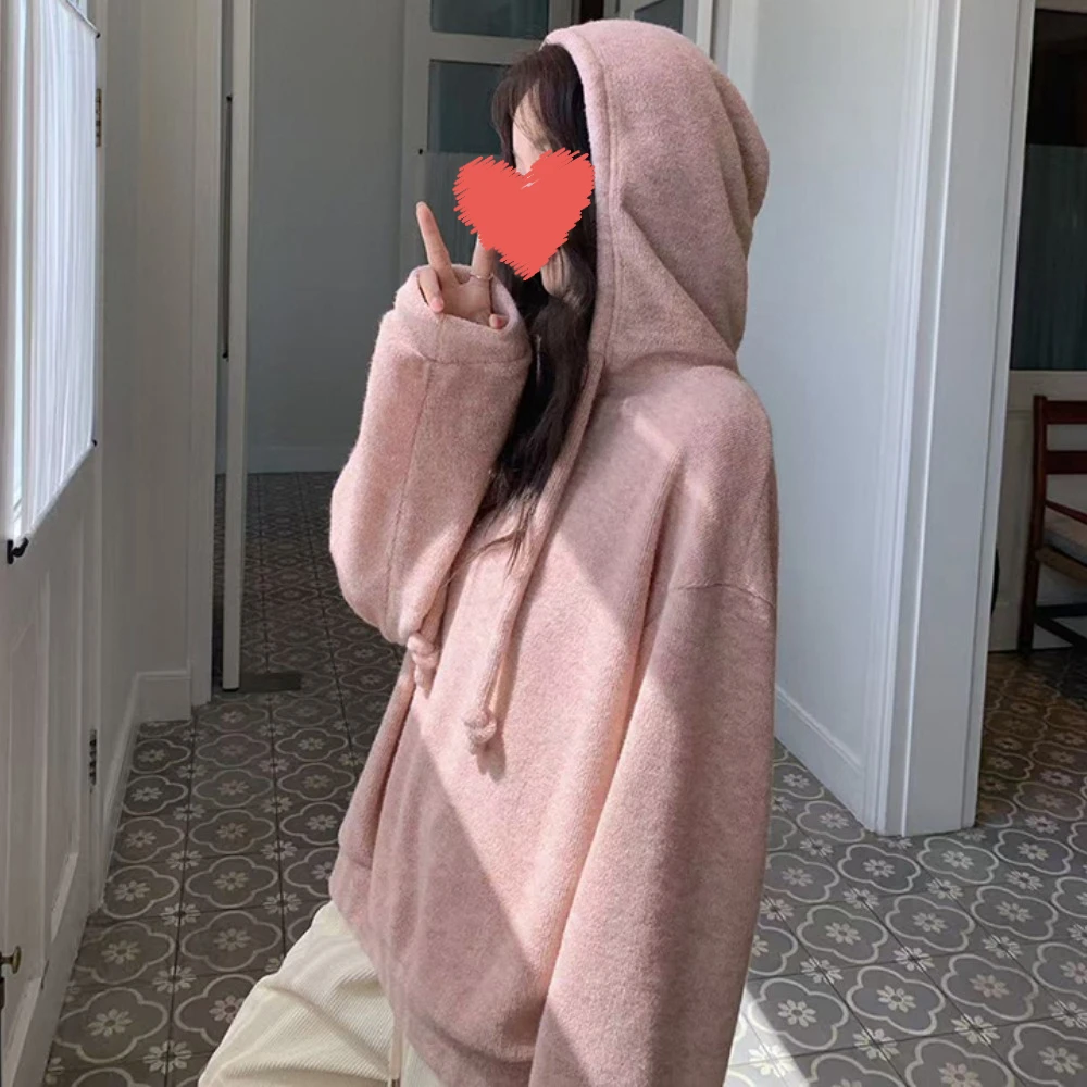 粉色连帽廓形奶糯感卫衣女套头秋冬新款慵懒宽松休闲针织百搭上衣