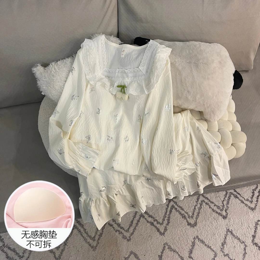 睡裙睡衣女春秋季长袖可外穿带胸垫ins风2025新款大码杏色家居服