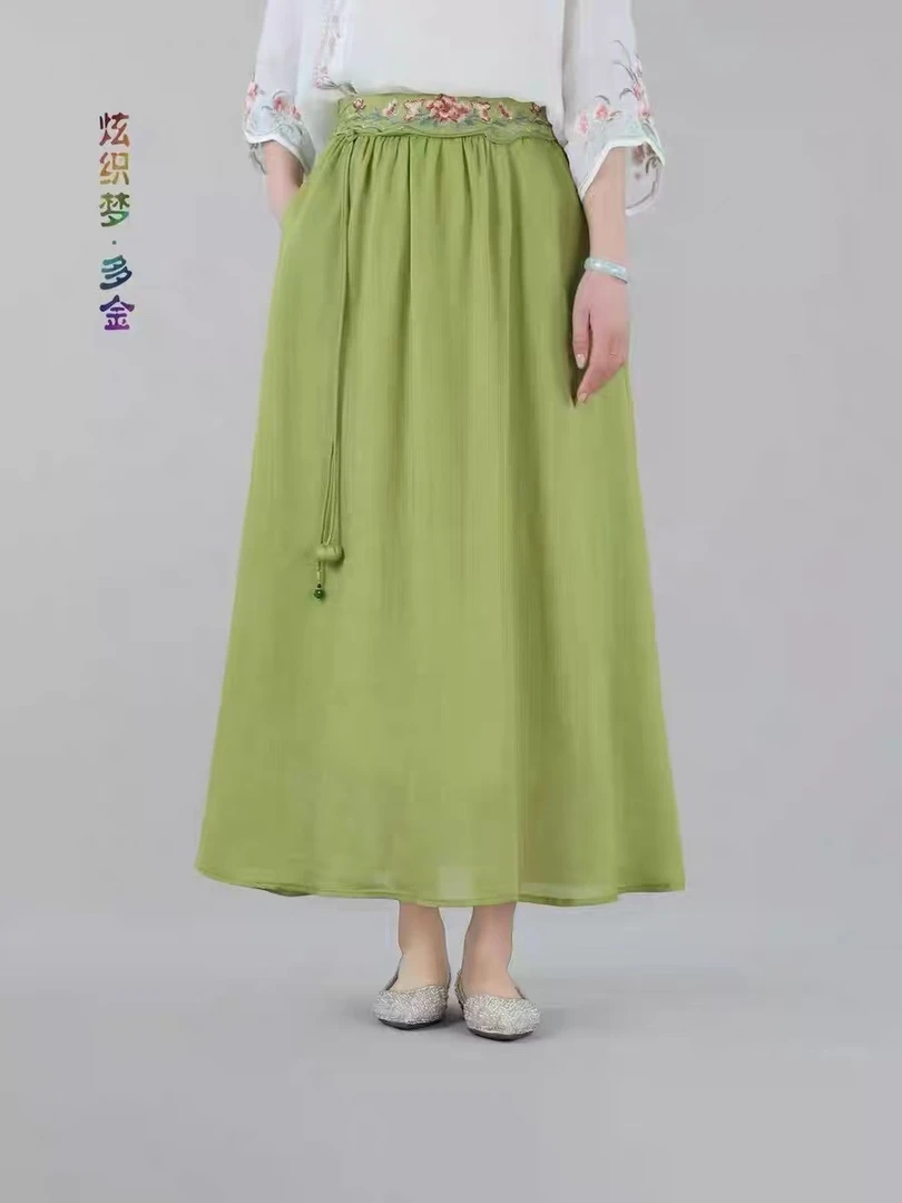 2025年新夏款中式国风腰部重工刺绣拼接小南瓜苎麻半身裙